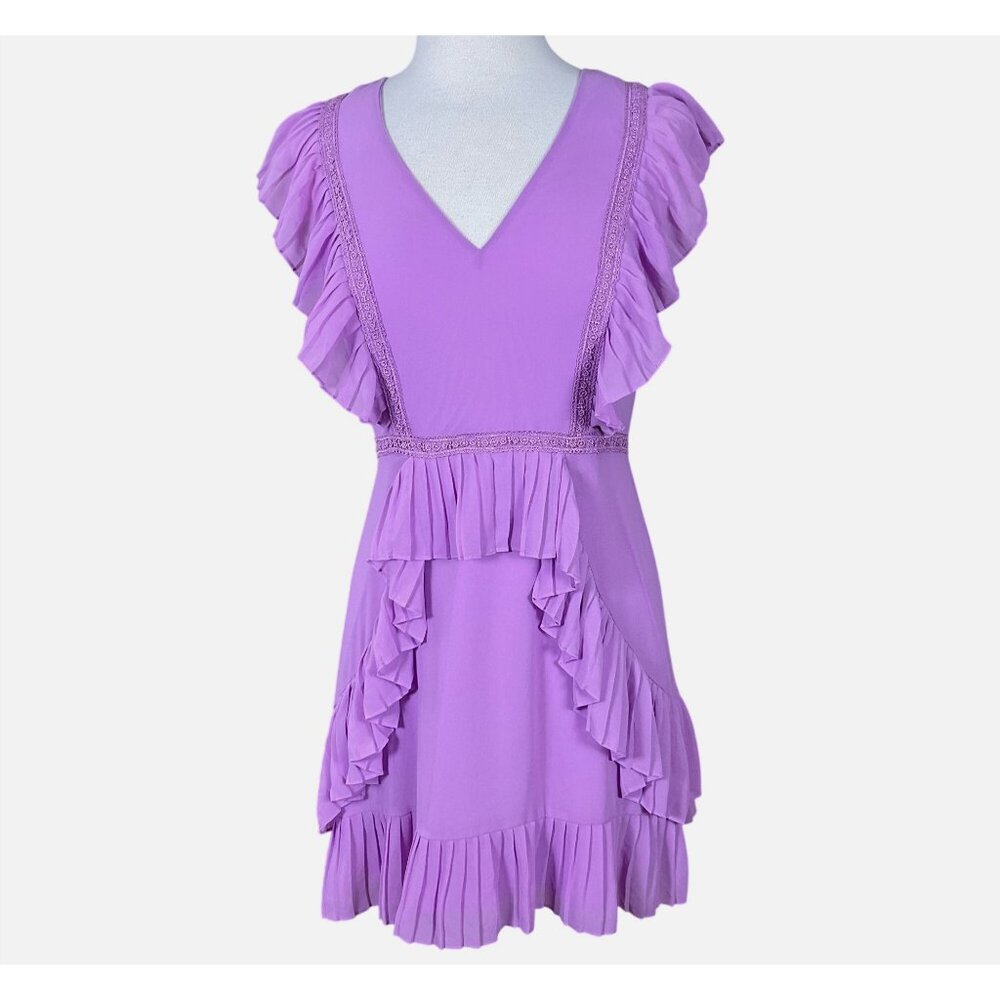 BCBGMAXAZARIA Sleeveless Pleated Lined V-Neck Ruffled Sheath Dress 8 - Picture 1 of 11